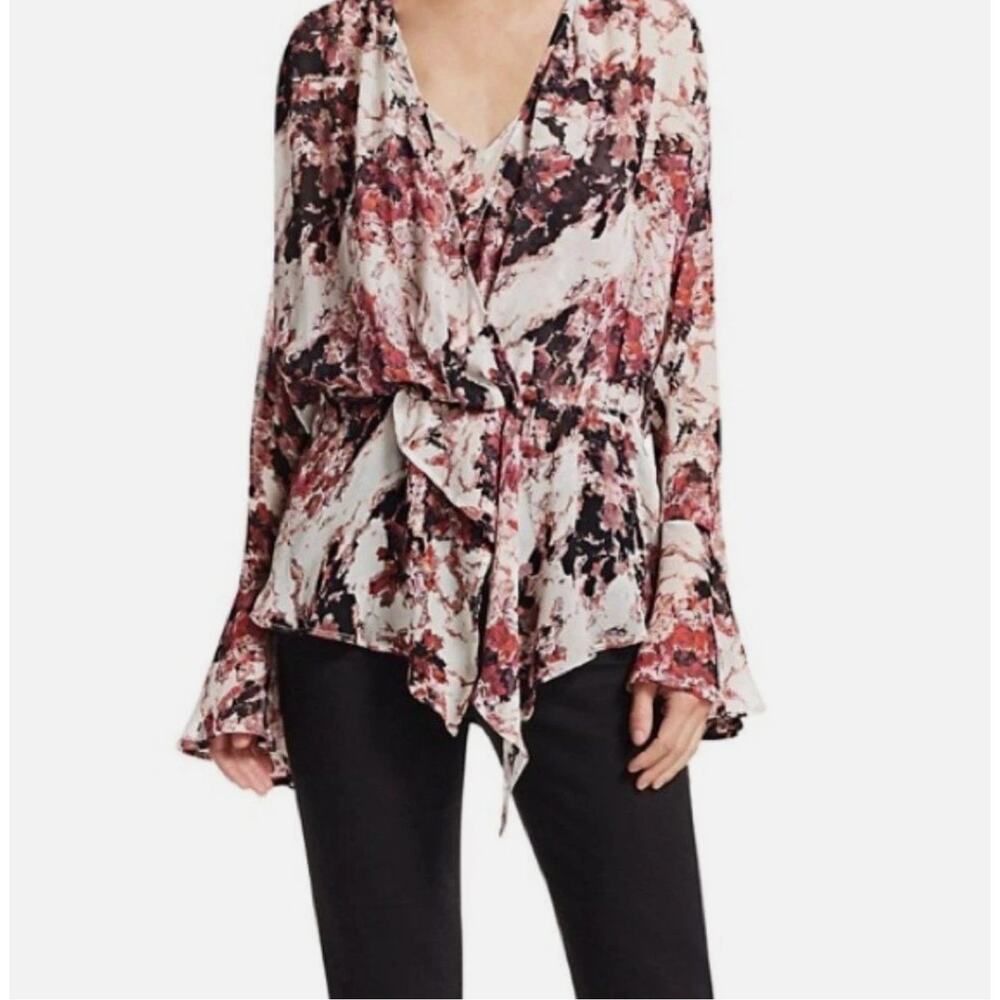 IRO Pardon Floral Draped Blouse Silk Blend Bell Sleeve Boho Top & Tank FR 42 L